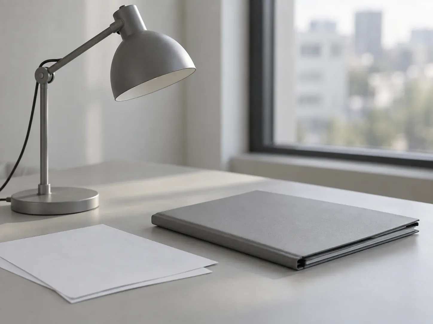 Lampe et dossier fermé sur un bureau dégagé.